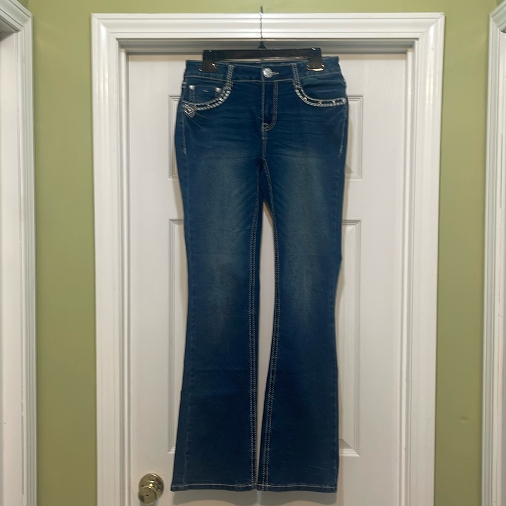 Jack David - embellished medium wash blue jeans - mid rise - flare - size 7